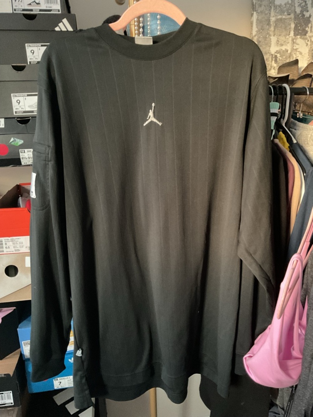 Jordan Men’s Black Pinstriped Long-Sleeve Crewneck Shirt